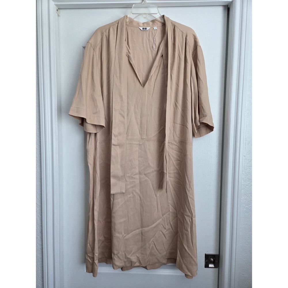 Uniqlo Tie Neck Midi Dress Work Office Career Beige Sz L Lagenlook Minimalist - Picture 2 of 6